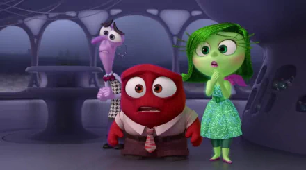 HD PC wallpaper of Disgust, Anger, and Fear from the movie Inside Out, standing together in the Headquarters with worried, surprised expressions.