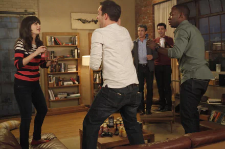 Lively HD sitcom desktop wallpaper: five friends—a woman in a striped sweater and four men—laugh and dance in a cozy loft living room with drinks and books.