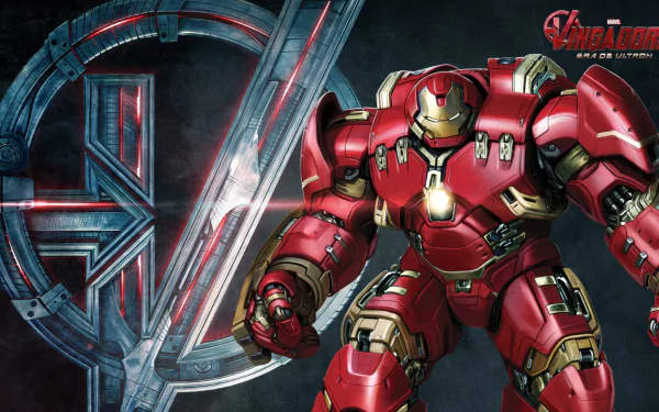A striking HD desktop wallpaper featuring the Hulkbuster suit from Iron Man, set against the Avengers: Age of Ultron logo, showcasing vibrant colors and dynamic design.