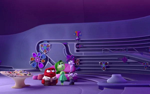HD PC desktop wallpaper/background from the movie Inside Out showing Disgust, Fear and Anger seated in the purple Headquarters control room.
