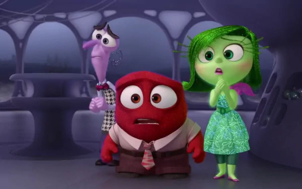 HD PC wallpaper of Disgust, Anger, and Fear from the movie Inside Out, standing together in the Headquarters with worried, surprised expressions.