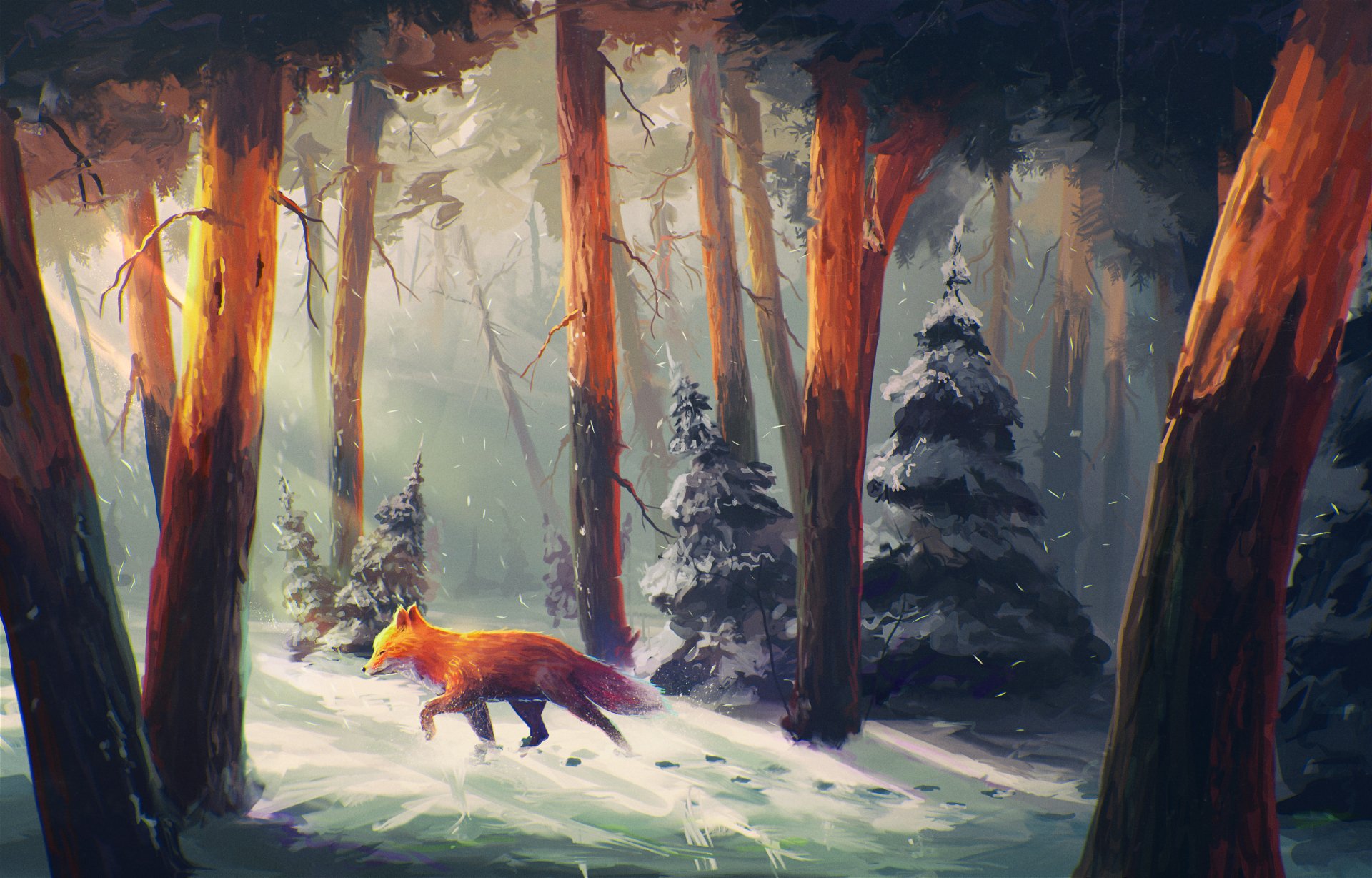 A vibrant HD desktop wallpaper featuring a fox navigating through a snow-covered forest, surrounded by towering trees and evergreens under a misty, illuminated atmosphere.