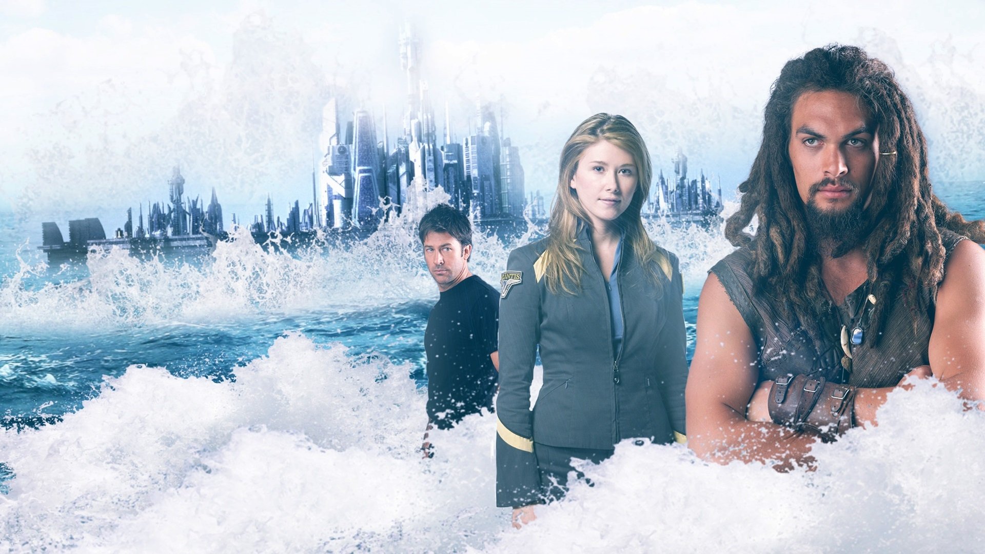 HD PC desktop wallpaper background of the TV show Stargate Atlantis: snowy sea and ruined city with three characters posed in the foreground.