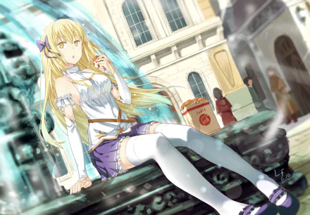 Aiz Wallenstein from Is It Wrong to Try to Pick Up Girls in a Dungeon sits gracefully by a fountain in this vibrant HD anime wallpaper.