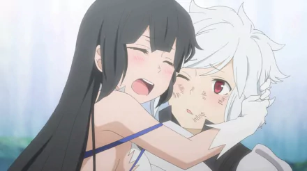A vibrant HD wallpaper featuring Hestia and Bell Cranel from the anime Is It Wrong to Try to Pick Up Girls in a Dungeon?, capturing a playful and affectionate moment between the characters.