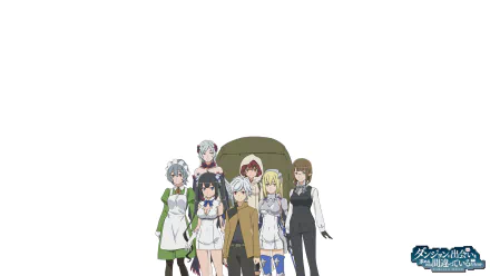 A vibrant HD desktop wallpaper featuring characters from Is It Wrong to Try to Pick Up Girls in a Dungeon, including Eina Tulle, Freya, Syr Flova, Hestia, Bell Cranel, Liliruca Arde, and Aiz Wallenstein.