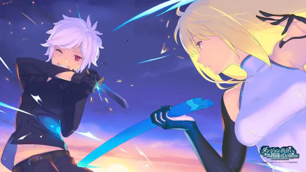 A dynamic HD desktop wallpaper featuring Aiz Wallenstein and Bell Cranel from the anime Is It Wrong to Try to Pick Up Girls in a Dungeon, set against a vibrant, action-packed background.