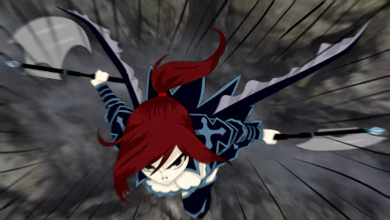 Erza Scarlet from the anime Fairy Tail charges into action, wielding dual weapons with determination against a dynamic background, creating an intense and captivating HD wallpaper.