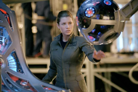 Jessica Biel in a scene from the movie Stealth, depicted in a 4K Ultra HD PC desktop wallpaper and background.