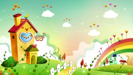 Artistic cartoon HD desktop wallpaper featuring a whimsical house with heart motifs, colorful hearts floating in the sky, and a vibrant rainbow over a green landscape.