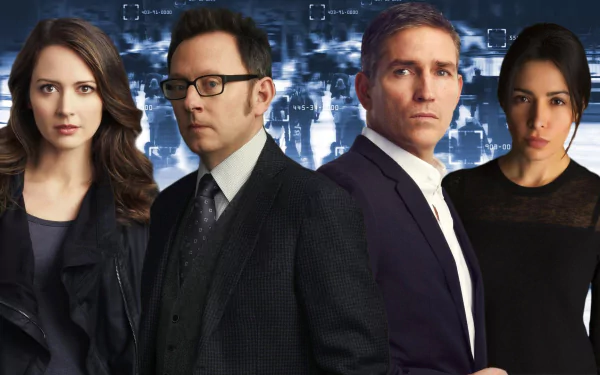 HD PC desktop wallpaper featuring Sarah Shahi, Amy Acker, Jim Caviezel, and Michael Emerson from the TV show Person of Interest.