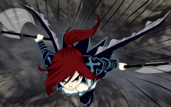 Erza Scarlet from the anime Fairy Tail charges into action, wielding dual weapons with determination against a dynamic background, creating an intense and captivating HD wallpaper.