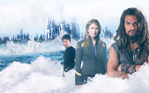 HD PC desktop wallpaper background of the TV show Stargate Atlantis: snowy sea and ruined city with three characters posed in the foreground.