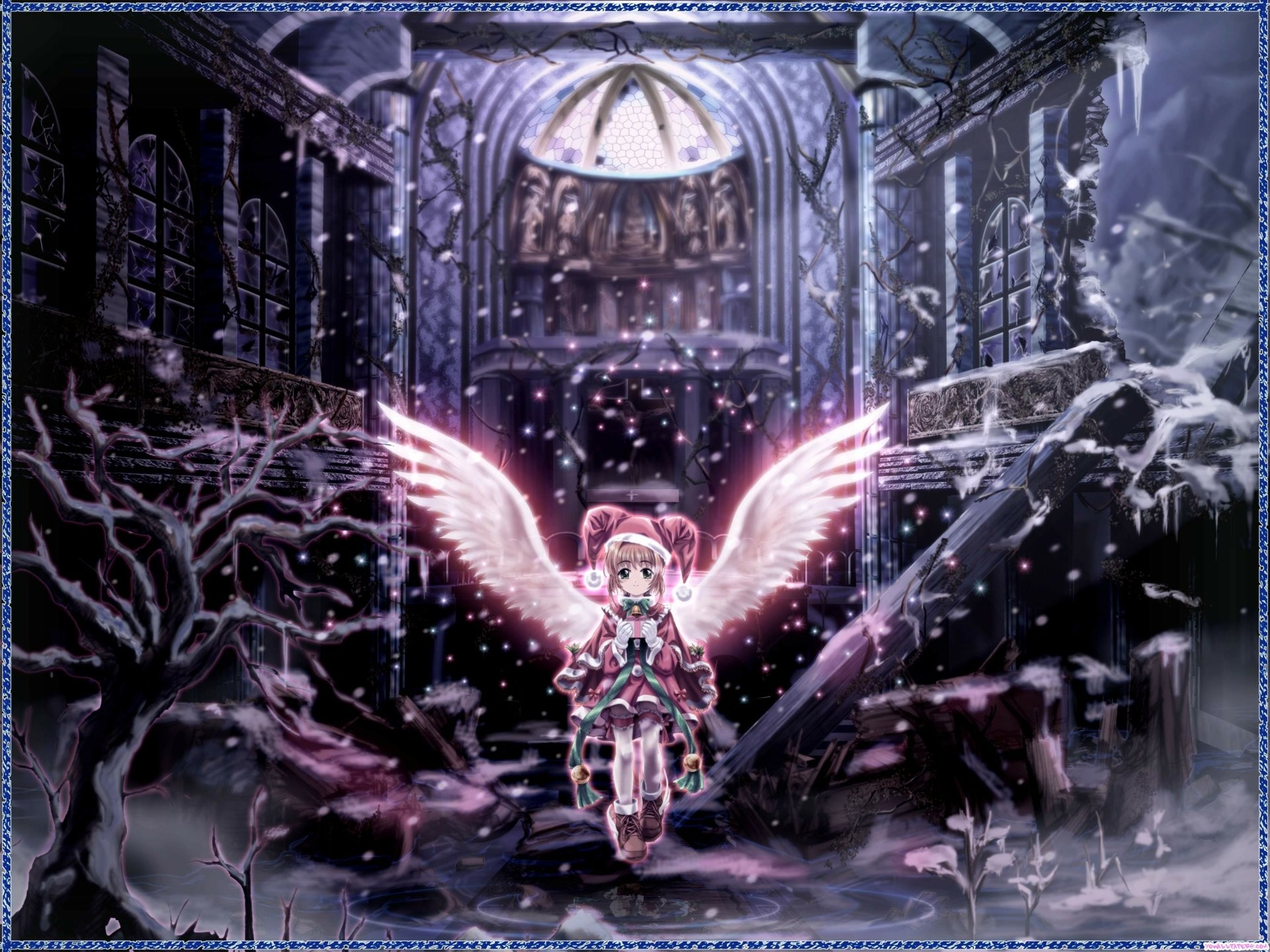 HD PC desktop wallpaper featuring anime character from Cardcaptor Sakura with glowing wings in a dark, snowy, cathedral-like setting.