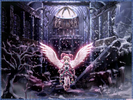 HD PC desktop wallpaper featuring anime character from Cardcaptor Sakura with glowing wings in a dark, snowy, cathedral-like setting.