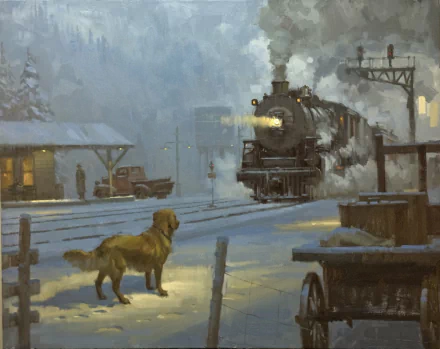 HD desktop wallpaper featuring a vintage steam train arriving at a snowy station with a dog watching nearby, capturing a nostalgic winter scene.