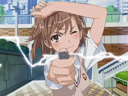 Mikoto Misaka from A Certain Scientific Railgun holds a coin, showcasing her electric powers. She wears a school uniform, with short brown hair and expressive brown eyes.