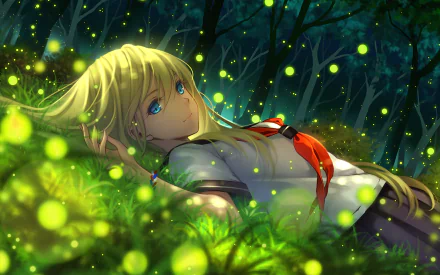 HD wallpaper featuring an anime girl with long blonde hair and blue eyes, lying on a grassy field surrounded by glowing fireflies in a forest at night.