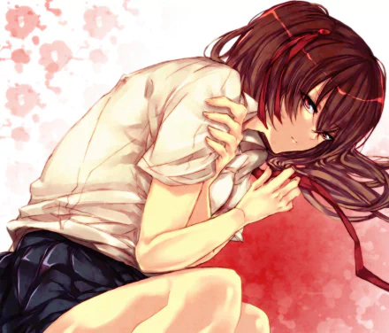 HD anime desktop wallpaper featuring Izumi Akazawa from Another with long brown hair, red eyes, wearing a skirt and a white shirt against a soft red and pink background.