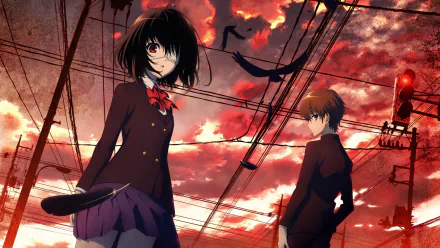 HD wallpaper featuring characters Kouichi Sakakibara and Mei Misaki from the anime Another. Mei has short black hair, wears an eye patch and a skirt with a bow, and Kouichi has brown hair. Ravens fly under a dramatic sunset sky.