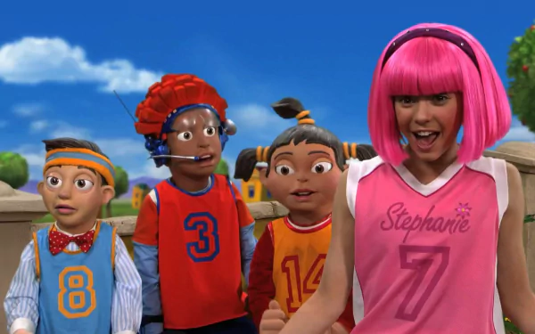 HD PC desktop wallpaper of the TV show LazyTown: pink-haired Stephanie in a pink jersey smiles in front of three colorful kids beneath a bright blue sky.