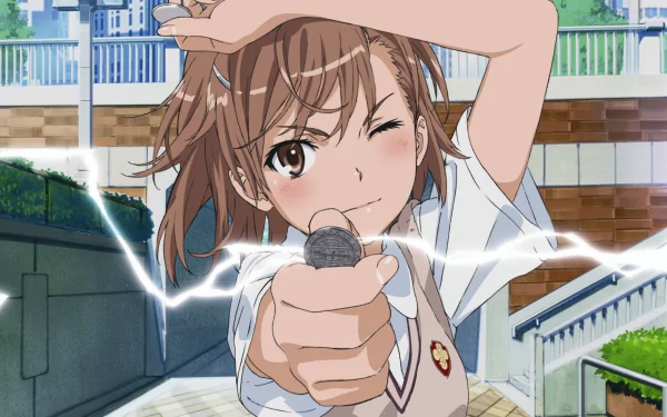 Mikoto Misaka from A Certain Scientific Railgun holds a coin, showcasing her electric powers. She wears a school uniform, with short brown hair and expressive brown eyes.