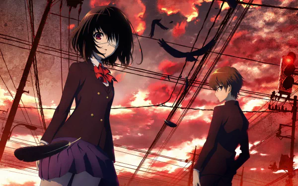 HD wallpaper featuring characters Kouichi Sakakibara and Mei Misaki from the anime Another. Mei has short black hair, wears an eye patch and a skirt with a bow, and Kouichi has brown hair. Ravens fly under a dramatic sunset sky.