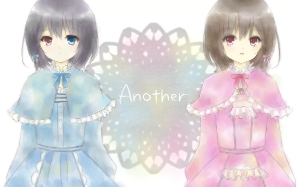 A dreamy HD wallpaper featuring Misaki Fujioka and Mei Misaki from the anime Another, showcasing their distinct heterochromia against a soft, pastel background.