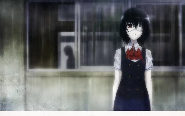 Mei Misaki from the anime Another stands in the rain, wearing an eye patch and school uniform. The HD desktop wallpaper and background showcase a dark, moody atmosphere with a blurred figure in the window behind her.