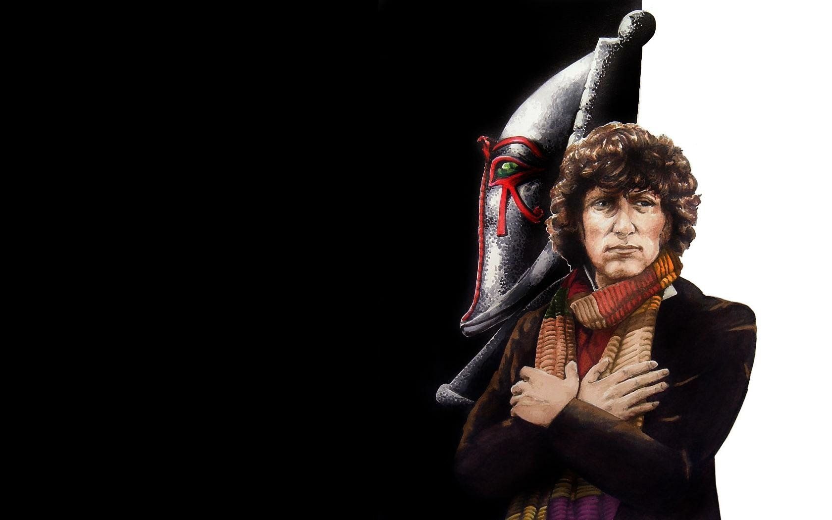HD PC desktop wallpaper featuring a character from the TV show Doctor Who (2005), set against a black background with dramatic lighting and detailed costume.