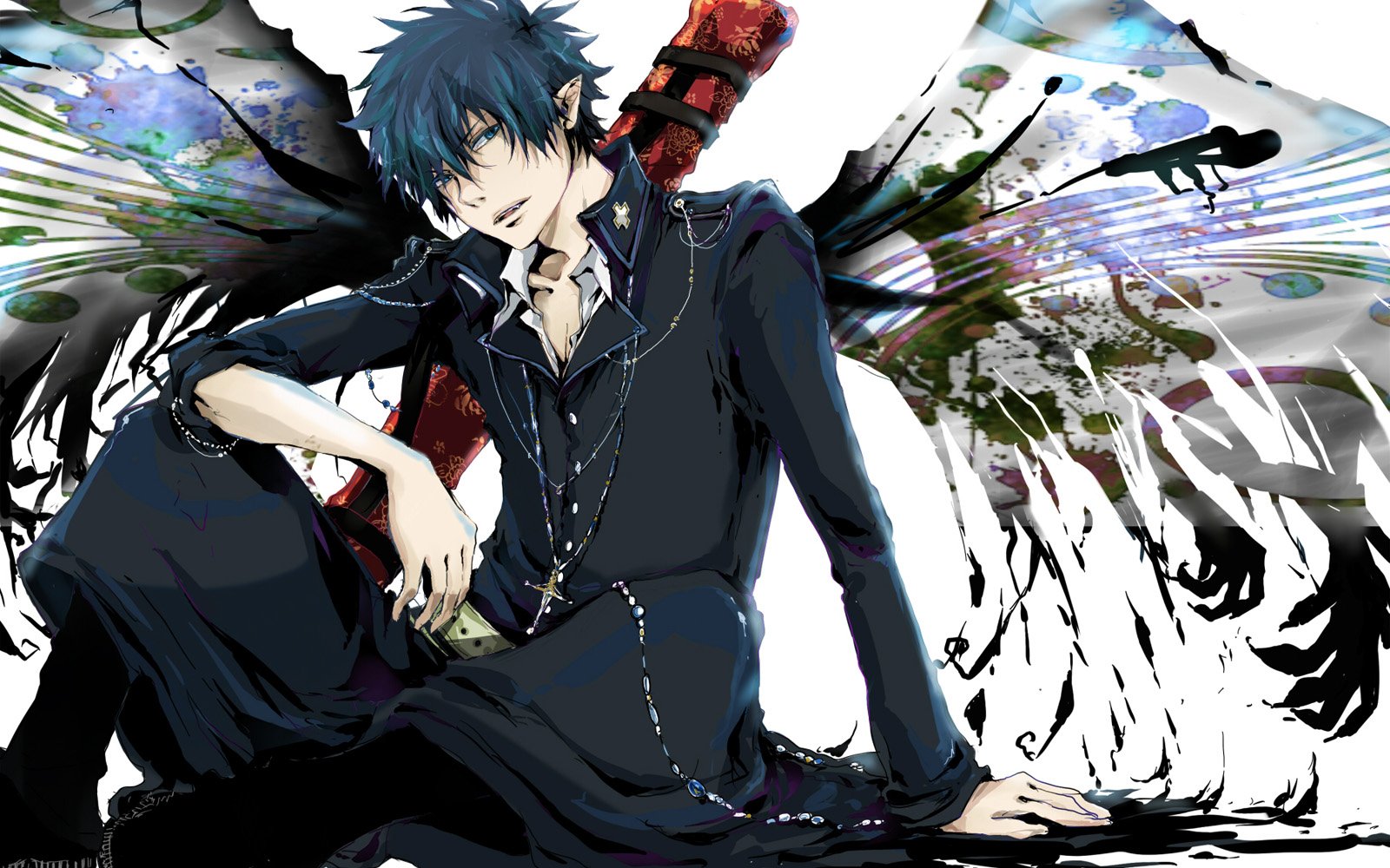 Rin Okumura from Ao no Exorcist features prominently in this HD wallpaper, showcasing his striking blue hair and demonic wings against a dynamic background.