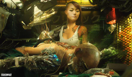 HD sci-fi desktop wallpaper featuring a woman with cybernetic enhancements working on a cyborg in a high-tech, futuristic setting.