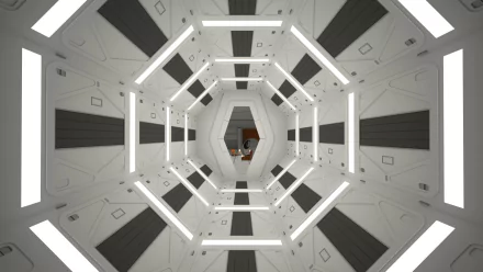Symmetrical white hexagonal spaceship corridor from the movie 2001: A Space Odyssey, presented as a 2K Quad HD PC desktop wallpaper/background.