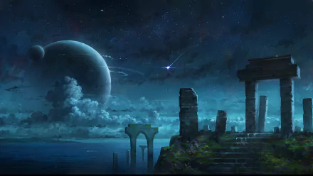 A captivating HD desktop wallpaper featuring an anime-style night scene with the moon, a distant planet, and ancient ruins under a starry sky.