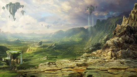 HD PC desktop wallpaper featuring a vibrant sci-fi landscape with rocky cliffs, floating islands, and a vast, lush valley under a dramatic sky.
