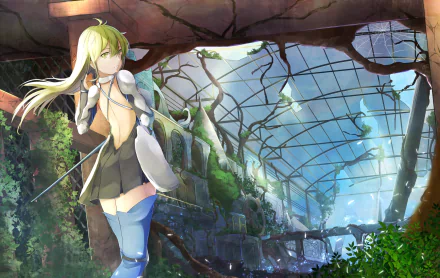 Aiz Wallenstein from Is It Wrong to Try to Pick Up Girls in a Dungeon? stands in a vibrant, decaying environment, illuminated by soft light and surrounded by lush greenery.