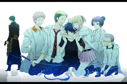 Anime HD desktop wallpaper featuring Rin Okumura, Yukio Okumura, Ryuji Suguro, Renzo Shima, Konekomaru Miwa, Izumo Kamiki, and Shiemi Moriyama from Blue Exorcist sharing a group hug.