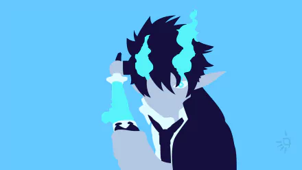 Minimalist HD anime wallpaper of Rin Okumura from Blue Exorcist, featuring pointed ears and blue flames against a bright blue background.