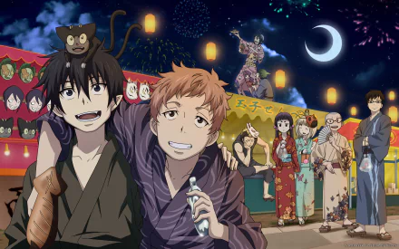 HD desktop wallpaper featuring characters from Ao No Exorcist, including Rin Okumura, Yukio Okumura, Shiemi Moriyama, and others, enjoying a festive night scene under a crescent moon.