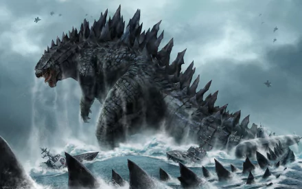 HD fantasy wallpaper depicts Godzilla emerging from the ocean amidst turbulent waves and impending storm, showcasing its immense size and power.