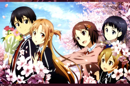 HD desktop wallpaper featuring characters Kirito, Asuna Yuuki, Lisbeth, Silica, and Suguha Kirigaya from Sword Art Online, surrounded by cherry blossoms.