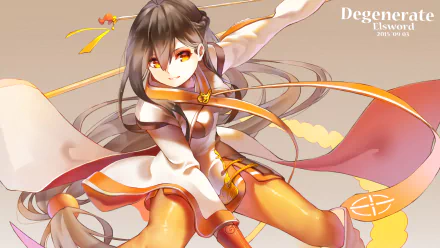 Ara from Elsword is depicted in a dynamic pose, showcasing her character design in this vibrant HD PC desktop wallpaper. The image highlights her striking features and costume.