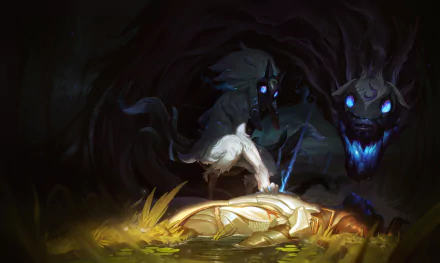 HD desktop wallpaper featuring Kindred from League of Legends in the Shadow Isles, standing over a fallen figure, embodying the theme of death in Runeterra.