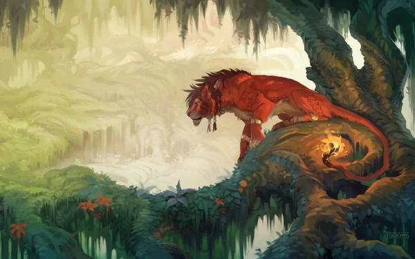 Red XIII from Final Fantasy VII stands majestically on a moss-covered branch in a lush, vibrant forest, capturing the essence of the game's rich fantasy world in this HD wallpaper.