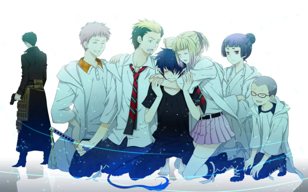 Anime HD desktop wallpaper featuring Rin Okumura, Yukio Okumura, Ryuji Suguro, Renzo Shima, Konekomaru Miwa, Izumo Kamiki, and Shiemi Moriyama from Blue Exorcist sharing a group hug.