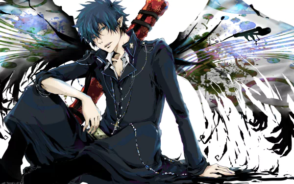 Rin Okumura from Ao no Exorcist features prominently in this HD wallpaper, showcasing his striking blue hair and demonic wings against a dynamic background.