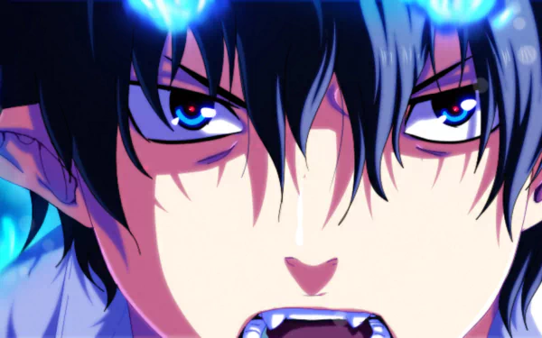 Close-up HD anime wallpaper of Rin Okumura from Blue Exorcist, featuring intense eyes and glowing blue flames.