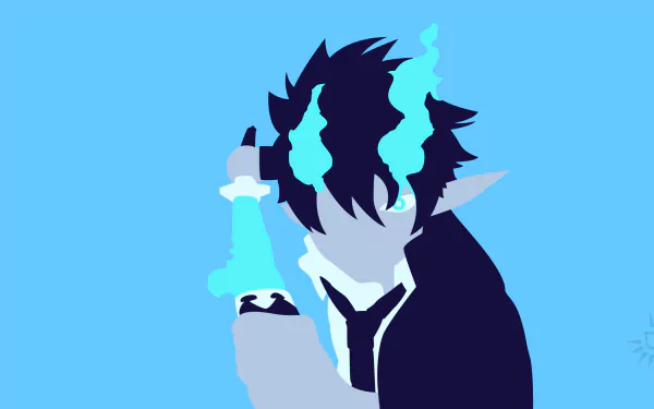 Minimalist HD anime wallpaper of Rin Okumura from Blue Exorcist, featuring pointed ears and blue flames against a bright blue background.