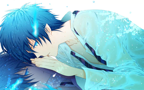 HD PC desktop wallpaper featuring Rin Okumura from the anime Blue Exorcist, depicted with blue flames and a reflective, contemplative pose.