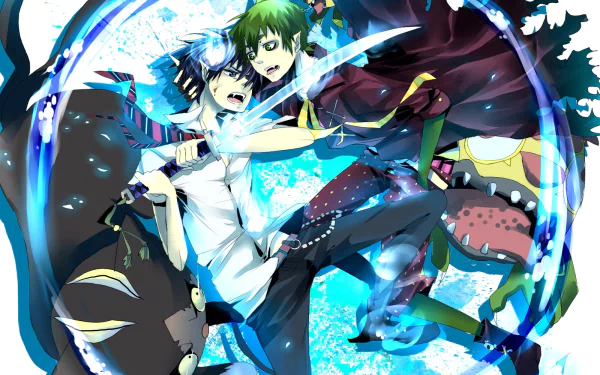 Dynamic HD wallpaper featuring characters Kuro, Amaimon, and Rin Okumura from Ao No Exorcist in an intense battle scene surrounded by swirling blue energy.